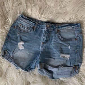 Aeropostale light denim distressed midi shorts